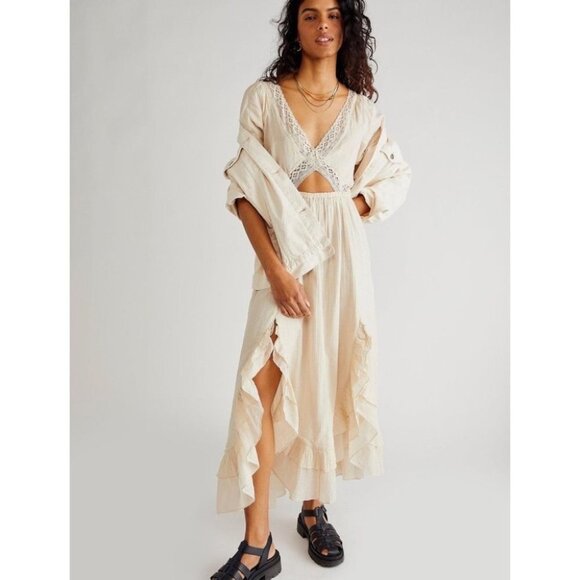NWT Free People X's and O's Midi Maxi Dress Lace Tiered Ruffle Summer Cream XL - Picture 1 of 11